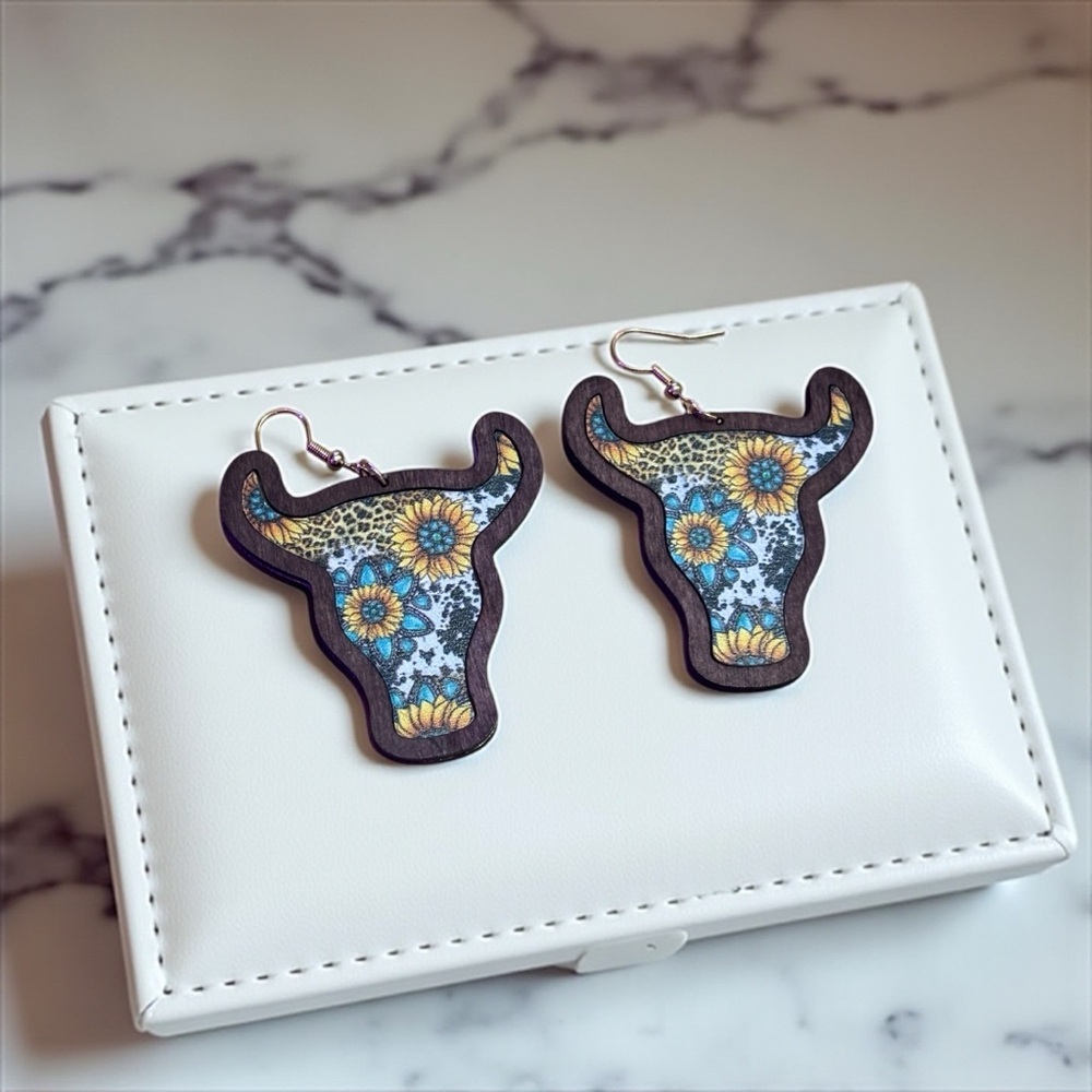 Fashion Jewelry Western boho Cow print  Earrings - Sunflower Blue and yellow